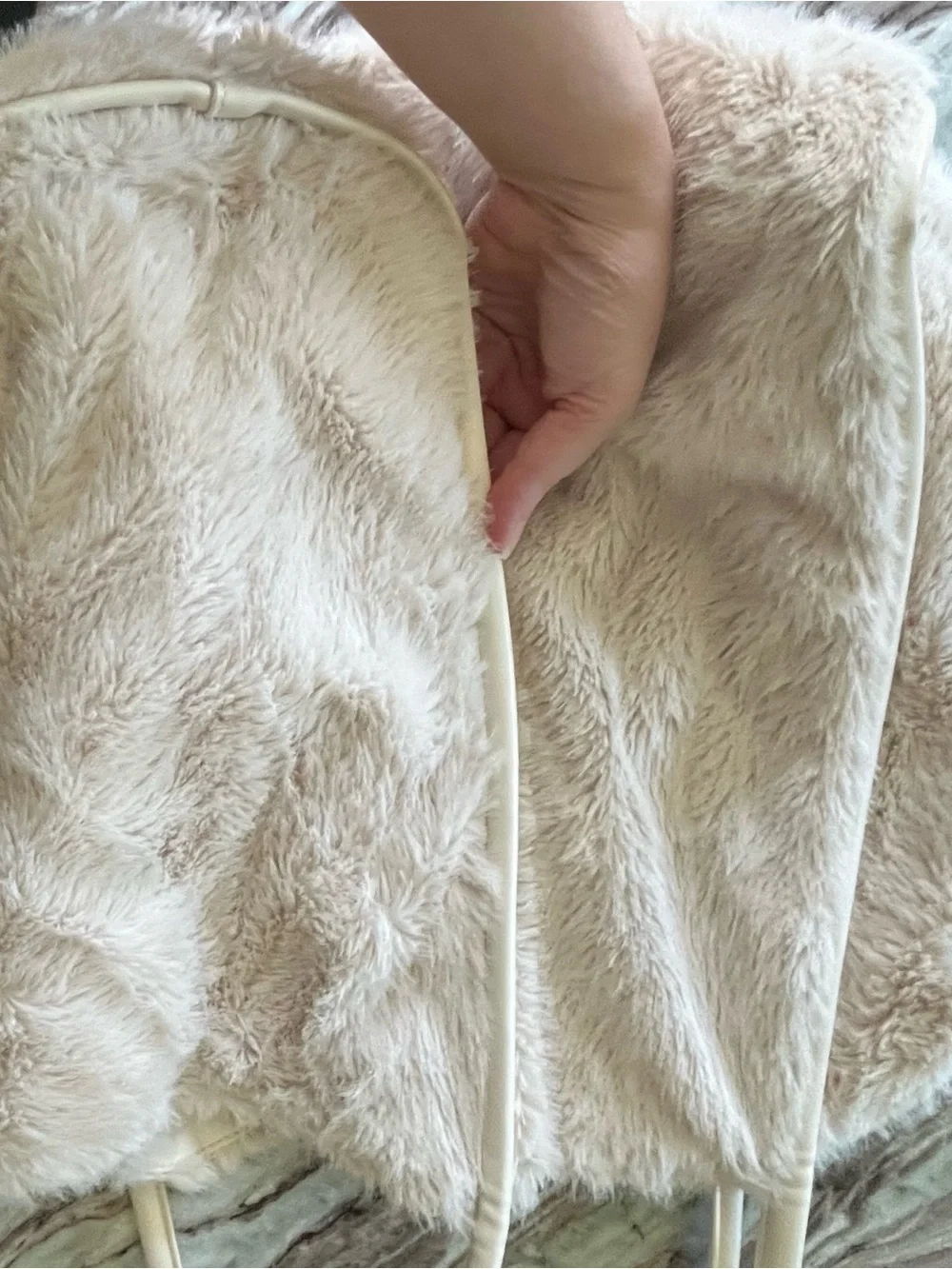 Cream Victoria’s Secret Faux-Fur Tote Bag with gold VS logo